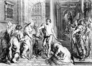 Poprava sv. Jana Křtitele, rytina Martina I van den Endena (fl. 1630-54)