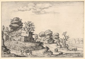 Krajina se selskými obydlími a mužem vedoucím koně v levém popředí, z ..., 1638. od Ercole Bazicaluva