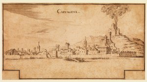 Pohled na Cartagenu, Španělsko, cca 1642 (pero a hnědý inkoust na položeném papíře, s hnědým inkoustovým rámováním na spodní straně) od Ercole Frigoni Bazzicaluva