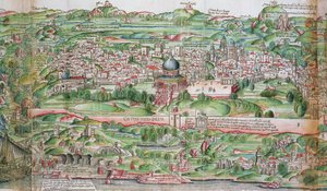 Mapa města Jeruzaléma, z „Poutníku ve Svaté zemi“ od Bernharda von Breydenbach (1440-97)