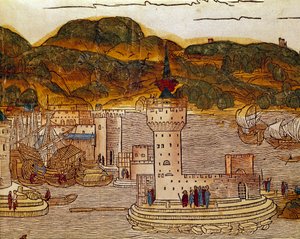 Pohled na přístav Candie (dnešní Heraklion) na Krétě Stránka z knihy cest „“peregrinatio in terram sanctam“““ po pouti ve Svaté zemi Bernarda de Breydenbach (Breidenbach) (1454-1497) ilustrovaná rytiny Erhard Re