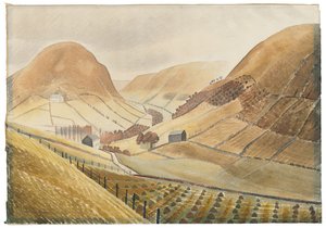 Corn Stooks and Farmsteads - Hill Farm, Capel-y ffin, Wales, 1938 od Eric Ravilious