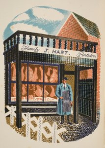 Rodinný řezník, ilustrace z knihy "High Street" od J. M. Richardse, vytiskla tiskárna Curwen Press, vydal Country Life, 1938. od Eric Ravilious