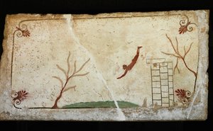 Potápěč skákající z věže do moře, alegorie od Erich Lessing