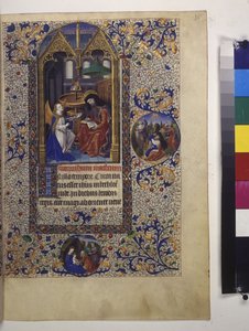 Celá strana: zarámovaná miniatura s textem a temperovou iniciálou pod ní od Erich Lessing