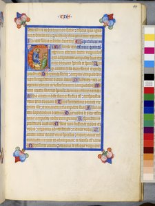 Celá strana: orámovaný text s historizující iniciálou "T": Podobenství o moudrých a pošetilých pannách. od Erich Lessing