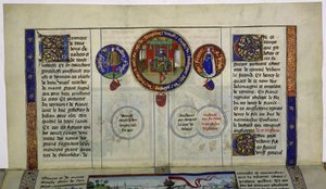 Celá strana: text s iniciálami a třemi medailony: Godfrey z Bouillonu od Erich Lessing