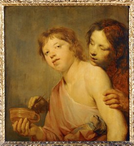 Mladí lidé si zapalují dýmku v ohništi. Alegorie... od Erich Lessing