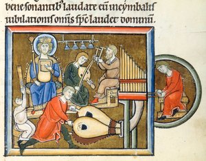 König David spielt eine Psalter, begleitet von Tuba-, Orgel- und Zimbelspielern