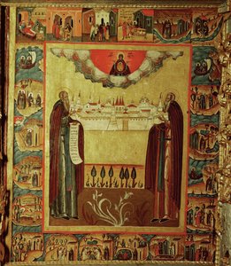 Svatý Sosima a svatý Sawati drží model Solowského kláštera (ikona)