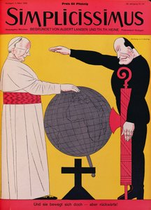 Papež Pius XI (1857-1939) a Mussolini (1883-1945) v době Lateránské smlouvy z roku 1929, ilustrace na obálce časopisu „Simplicissimus“, 4. března 1929 (barevně lito) od Erich Schilling