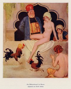 Kohoutí zápas v harému (akvarel) od Erich Schutz