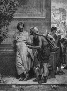 Ostracismus ve starověkém Řecku: „Aristide a rolník““. Negramotný rolník, který nezná athénského státníka Aristida Spravedlivého, udeří ostrakismem a požádá ho, aby napsal své jméno na stopku. Rytina podle obrazu Eugene Erne