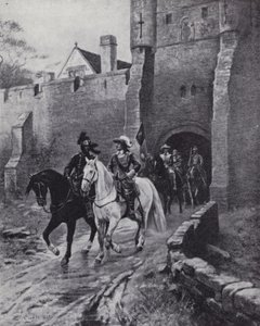 Oliver Cromwell se svou armádou v Bootham Bar, York, když se Karel II pokusil získat trůn v roce 1650 (litho) od Ernest (after) Crofts