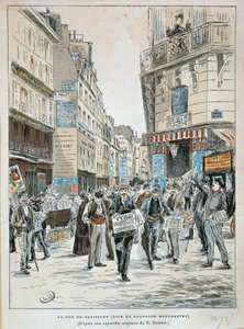 Francie, Paříž, Prodejce novin v rue du Croissant na rohu rue du Faubourg Montmartre v Paříži od Ernesta Greniera, tisk z akvarelu od Ernest (after) Grenier