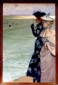 Krásné období: „“Čas koupele u moře“““ Dvě ženy na břehu zkoumají koupající se v dalekohledu. Obraz Ernesta Ange Dueze (1843-1896) 1896 Sun. 1,06x1,6 m Rouen, musee des Beaux Arts - Belle epoque: “” Čas na koupel u moře”” Dvě ženy na b