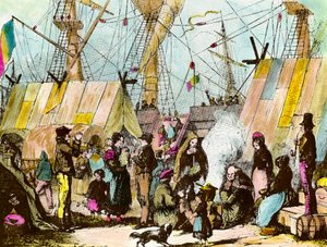 Rodiny emigrantů tábořily v přístavu Le Havre. Rytina Ernesta Chartona (1813-1905) Rytina soukromé sbírky 19. století od Ernest Charton