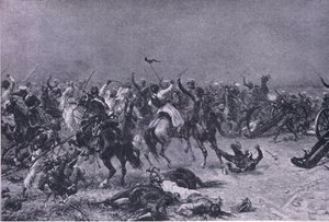 Útok králů Own Light Dragoons v Mudki, ilustrace z britských bitev na souši a na moři, 1915 od Ernest Crofts