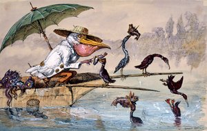 Kormoráni předvádějící ryby pelikánovi na pramici pod deštníkem, c1864-1907 od Ernest Henry Griset