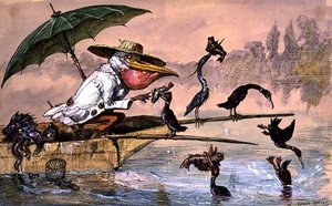 Kormoráni představují rybu pelikánovi v pramici pod deštníkem z „The Dream of the Fisherman“ (pero, inkoust a akvarel)