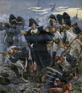 Generál Pierre Cambronne (1770-1842) po boku svých vojáků v bitvě u Waterloo - rytina po Delahaye, Ernest Jean (1855-1921) -