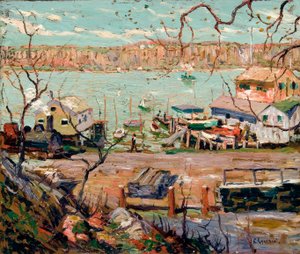 River Scene – Lodě a domy od Ernest Lawson