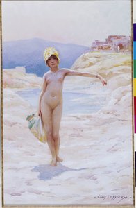 Alžírská dívka má džbán Nahá dívka s kloboukem a džbánem vody poblíž vodního zdroje oázy v poušti. Akvarel od Louise Ernesta Lessieuxe (1874-1925) Povinná zmínka: Collection fondation needs de Provence, Marseille od Ernest Louis Lessieux