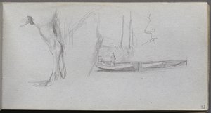 Náčrtník, strana 43: Studie: Koňská noha, Postava ve člunu a Profil. od Jean Louis Ernest Meissonier