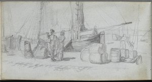 Náčrtník, strana 50: Lodě, figurky, náklad na pláži. od Jean Louis Ernest Meissonier
