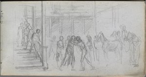 Náčrtník, strana 62: Studie postavy, Schodiště, Kůň. od Jean Louis Ernest Meissonier
