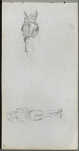 Skicář, strana 69: Studie ruky, koně a figury. od Jean Louis Ernest Meissonier