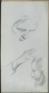 Náčrtník, strana 70: Studie dvou tváří a ruky. od Jean Louis Ernest Meissonier