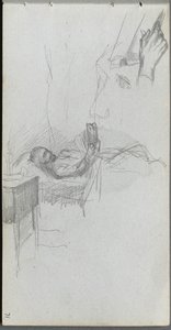 Náčrtník, strana 71: Studie figurálního čtení v posteli, Studie ruky. od Jean Louis Ernest Meissonier