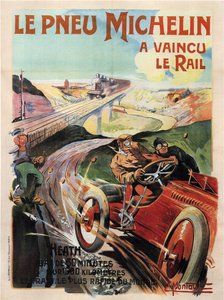 Závodní vůz Panhard et levassor poháněný vřesovištěm - Michelin Tires (Pneu) - Montaut, Ernest (1879-1909) - 1905 - Barevná litografie - Soukromá sbírka
