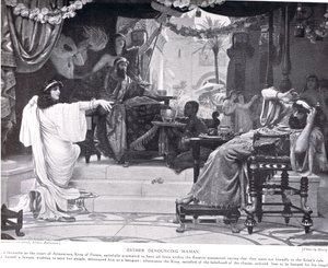 Esther odsuzující Hamana, ilustrace z „Hutchinsonových dějin národů“, kolem roku 1910
