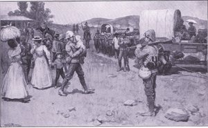 Britští vojáci pomáhající búrským uprchlíkům, ilustrace z Po Pretorii: Guerilla War, 1902 od Ernest Prater