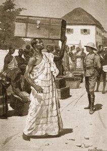 Nosiče vycházející z hradu Cape Coast pro Kumassi, ilustrace z „Bitvy devatenáctého století: sv. VII, The Ashanti War of 1900