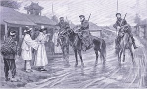 Kozáci zvědové shromažďují informace od korejského zajatce, ilustrace z Cassellse Historie rusko-japonské války Vol 1, kolem roku 1900 od Ernest Prater