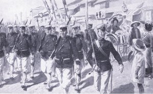 Japonci pochodují Tokiem, ilustrace z Cassells Historie rusko-japonské války Vol 1, kolem roku 1900 od Ernest Prater