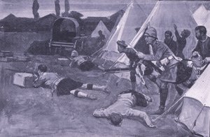 Útok na britský tábor na tržišti Jacobsdal, ilustrace z After Pretoria: The Guerilla War, 1902 od Ernest Prater