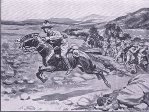 Zajetí osobního strážce: Odvážný nájezd Lieuta Batemanse, ilustrace z Po Pretorii: Guerilla War, 1902 od Ernest Prater