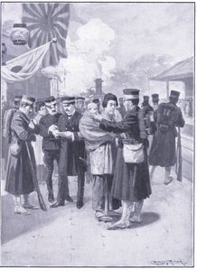 Vojska opouštějící Tokio, ilustrace z Cassells Historie rusko-japonské války Vol 1, kolem roku 1900 od Ernest Prater