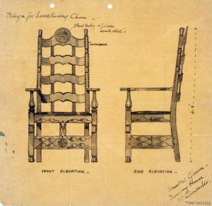 Design for Sanctuary Chair, cca 1905-25 (pero a inkoust na papíře)