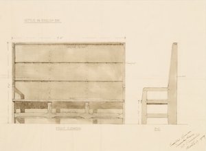 Design for Settle in English Oak, 1909 (pero s wc na papíře) od Ernest William Gimson