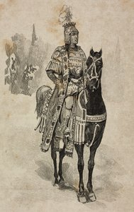 Vévoda z Aosty Emanuele Filiberto Savojský v kostýmu Umberta Biancamana na turnaji Villa Borghese u příležitosti stříbrné svatby Umberta I. a Margherity Savojské, Řím, Itálie