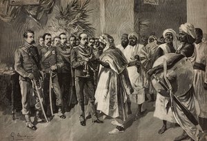 Generál Tancredi Saletta nabízející meč Kantibai, náčelníkovi Ababu, Massawa, Eritrejská válka, rytina Ernesta Mancatroppy z kresby G Amato, z L