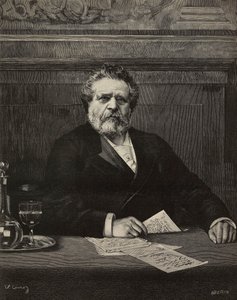 Giosue Carducci (1835-1907), italský básník a spisovatel, laureát Nobelovy ceny v roce 1906, rytina Ernesta Mancatroppy z malby Vittoria Corcose, z L