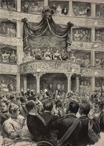 Umberto I. a Margherita Savojská v doprovodu panovníků Německa v Teatro Argentina u příležitosti oslav stříbrné svatby, 21. dubna