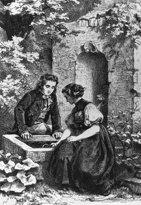 Hermann a Dorothy u kašny, ilustrace pro Hermanna a Dorotheu, idyla od Johanna Wolfganga von Goethe (1749-1832), rytina podle kresby Ernsta Bosche (1834-1917) od Ernst Bosch