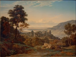 Heidelberg, hrad a město od východu s výhledem na Rýnskou nížinu
